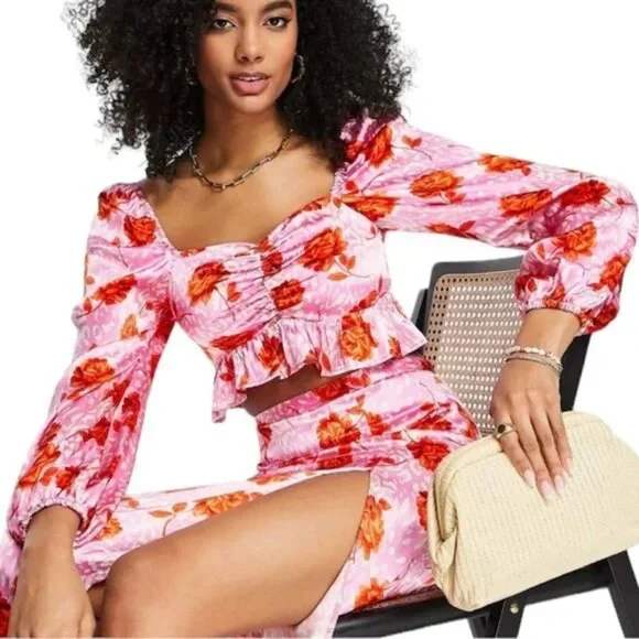 Topshop Rose Animal Print Satin Long Sleeve Crop Top Pink Red Size 8 #187 - Picture 1 of 11